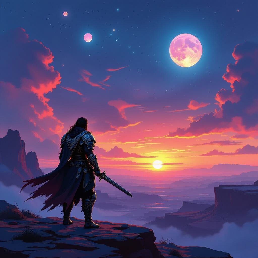 Binary Sunset Vista with Armored Warrior
