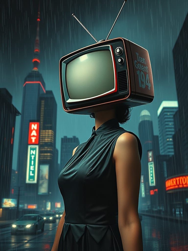 Surreal Woman with Television Head in Noir Cityscape