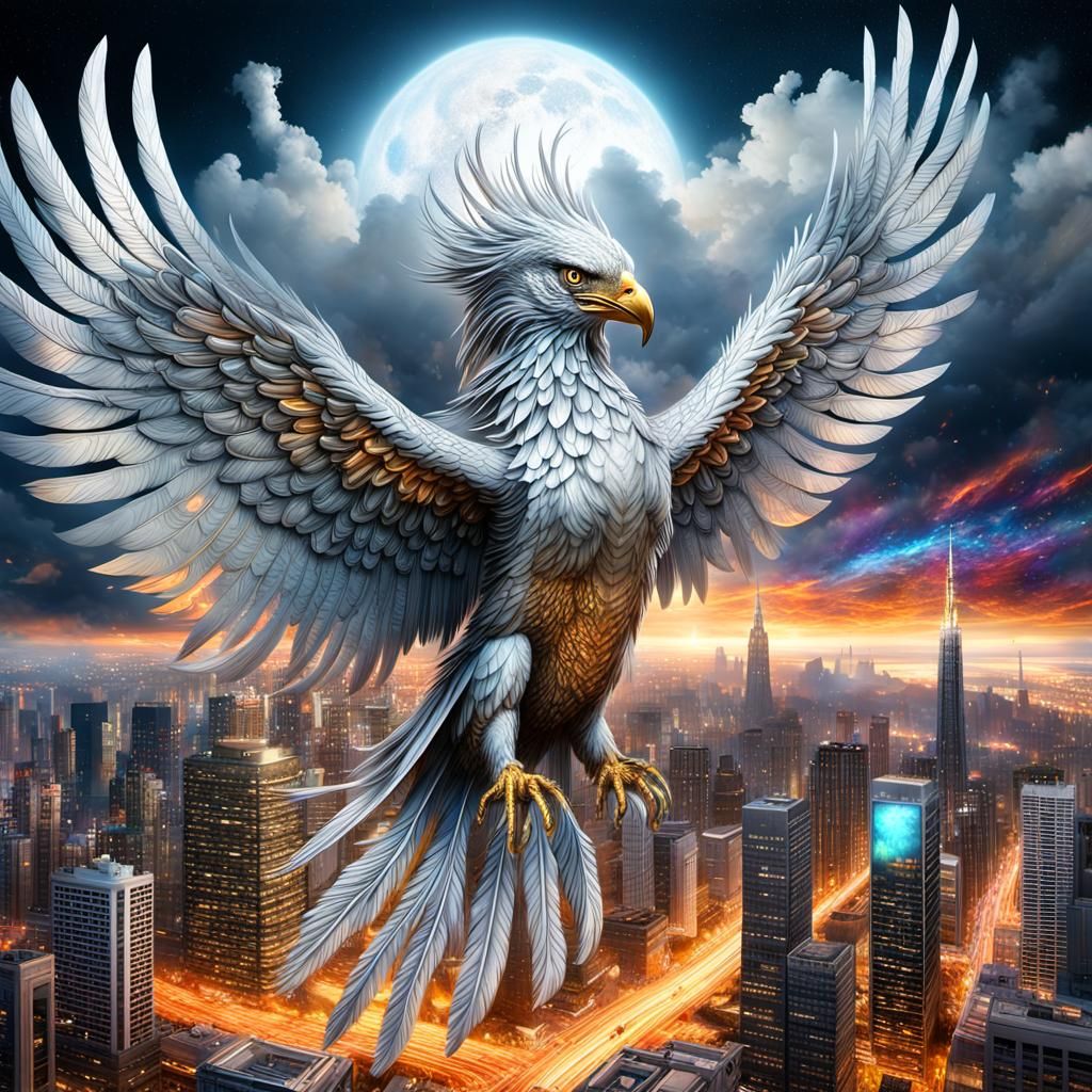 Giant Silver Phoenix Over Metropolis: Digital Matte Painting
