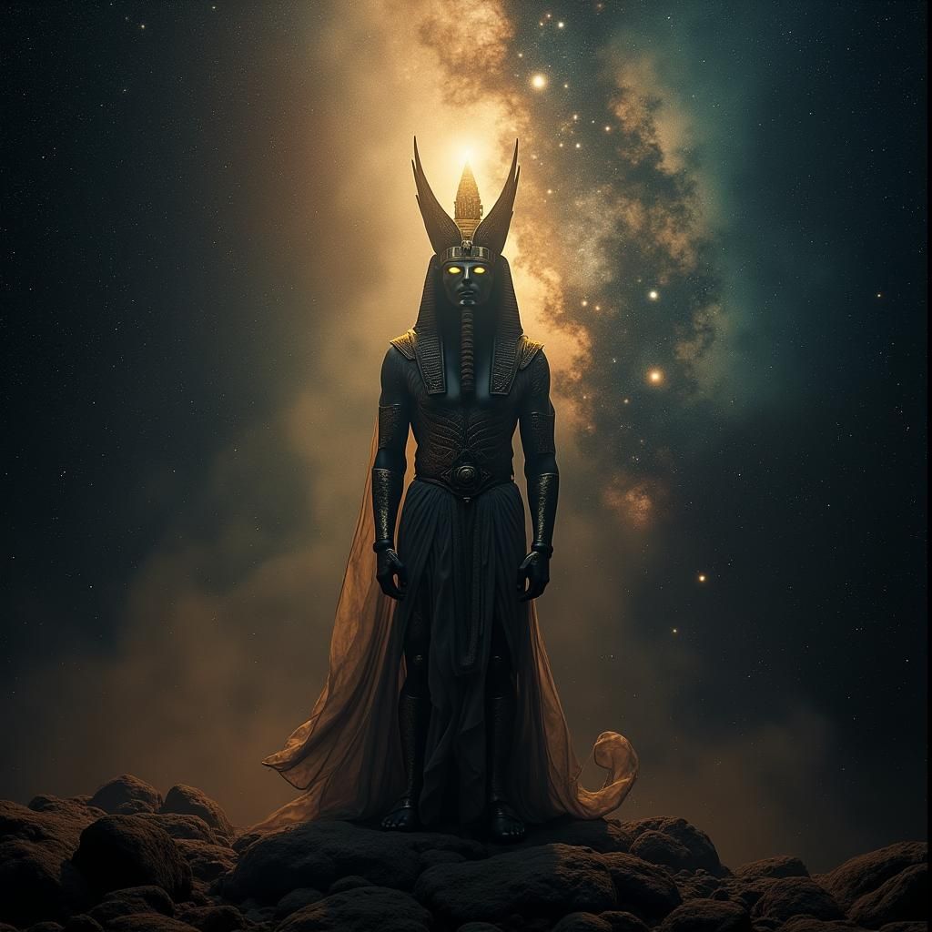 Cosmic Amun-Ra Figure in Starry Nebula