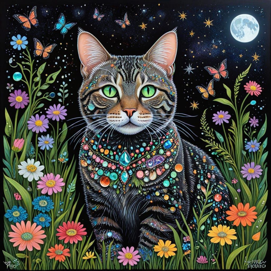 Whimsical Tabby Cat in a Starry Glade
