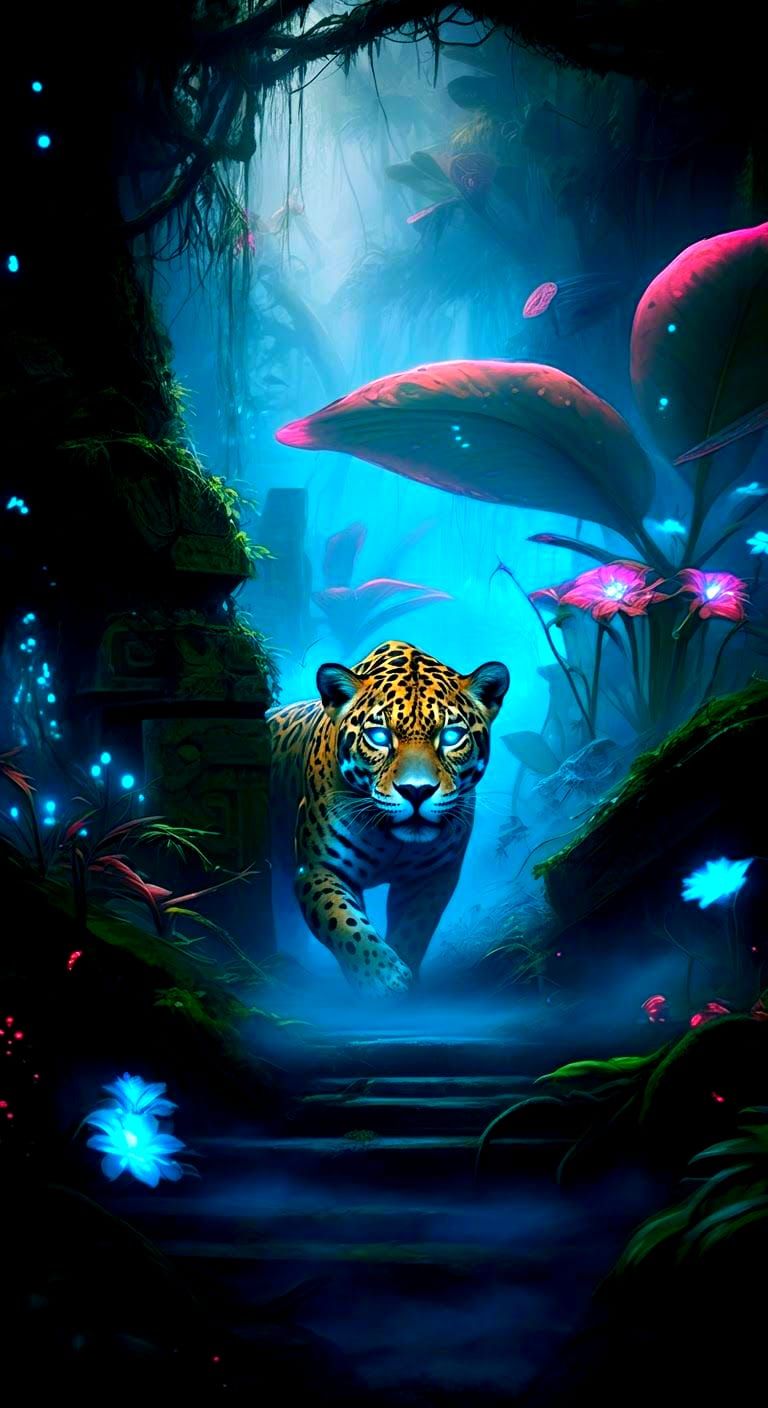 Majestic Jaguar in Bioluminescent Jungle, Hyperrealistic Ima...