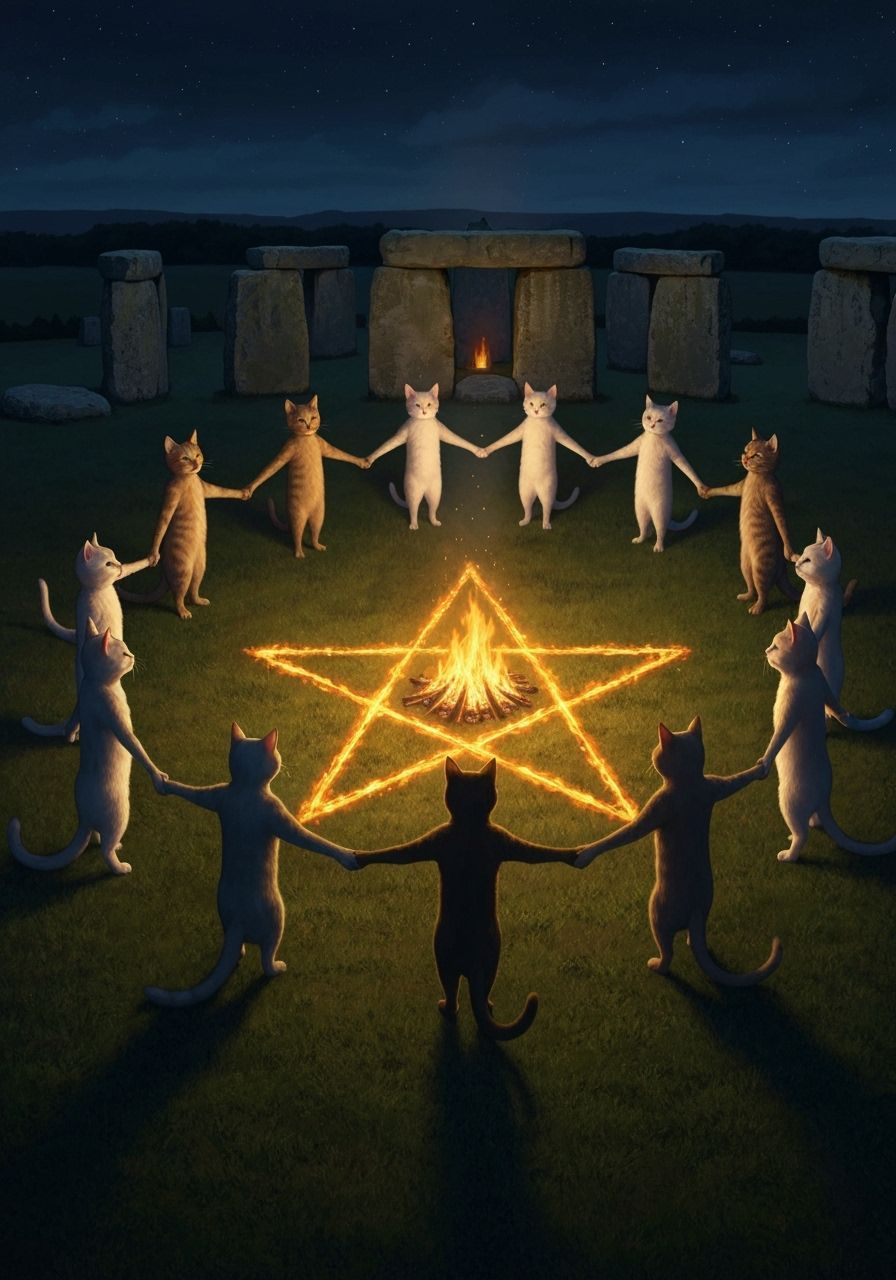 Wiccan Cats Circle at Stonehenge Under Midnight Sky