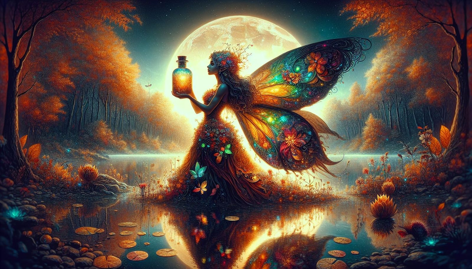 Bioluminescent Autumn Fairy Dancing in Moonlight