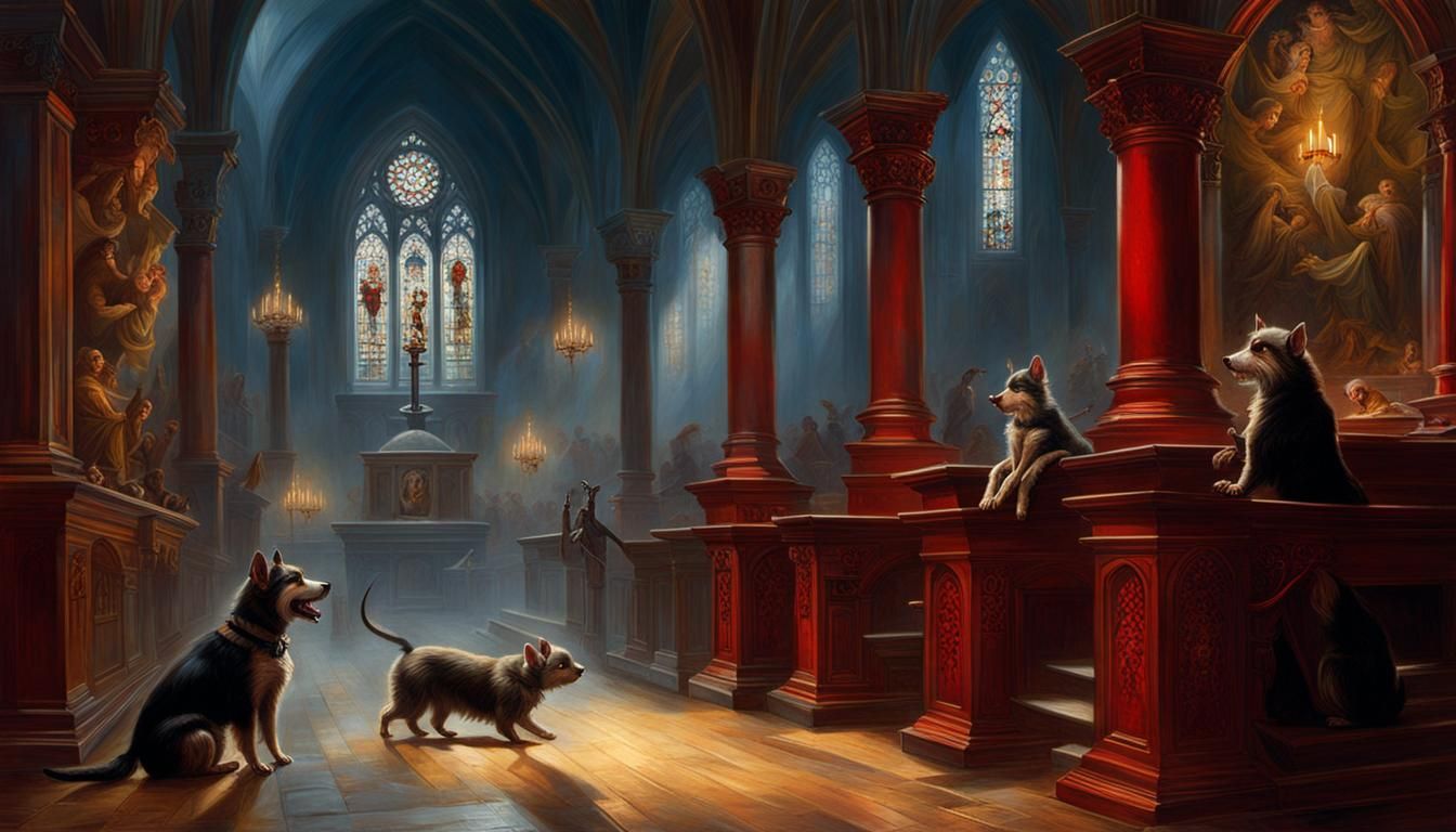 Terriers Hunting Rats in Chapel: Sinister Oil Painting