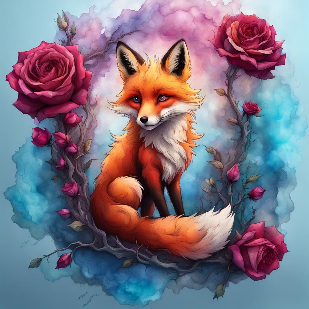 Fox and Rose Alcohol Ink Art in Light Blue