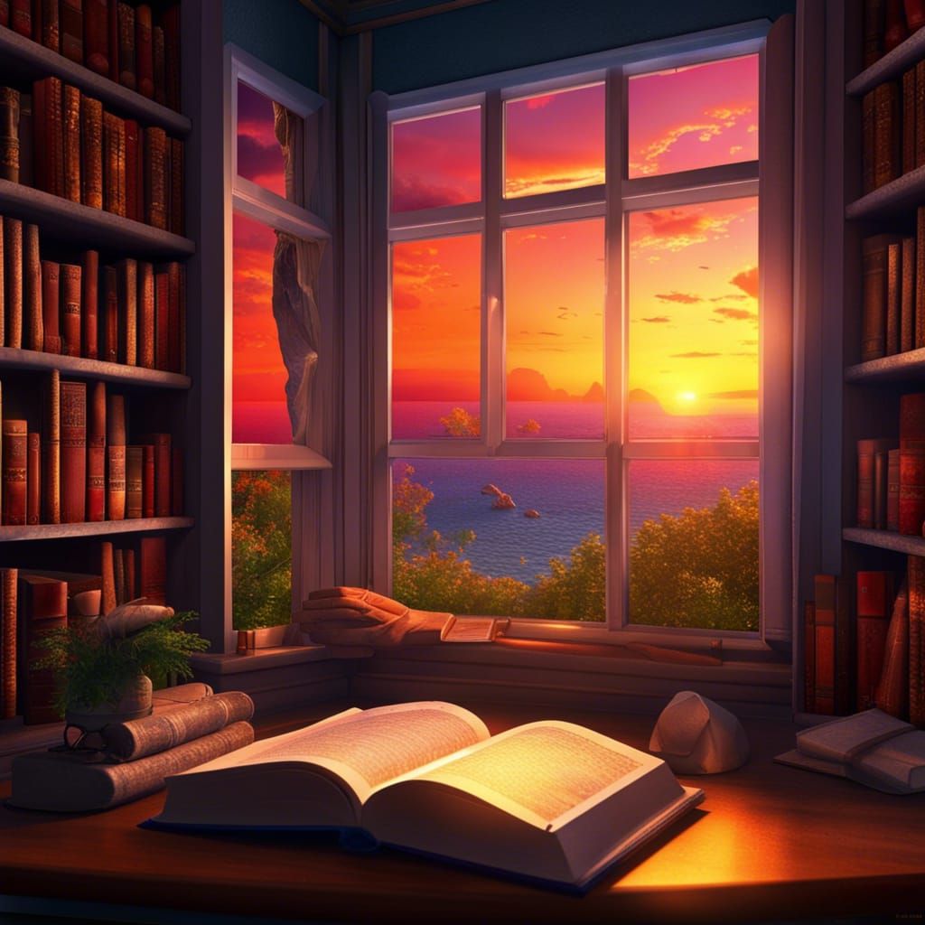 Cozy Library Book Nook at Sunset: Photorealistic Image