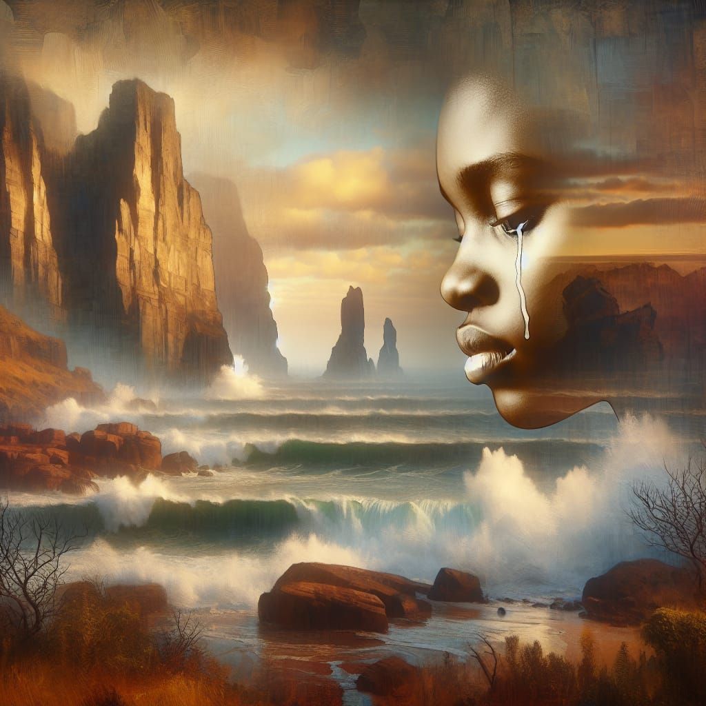 Melancholy Coastline with Woman's Tearful Face
