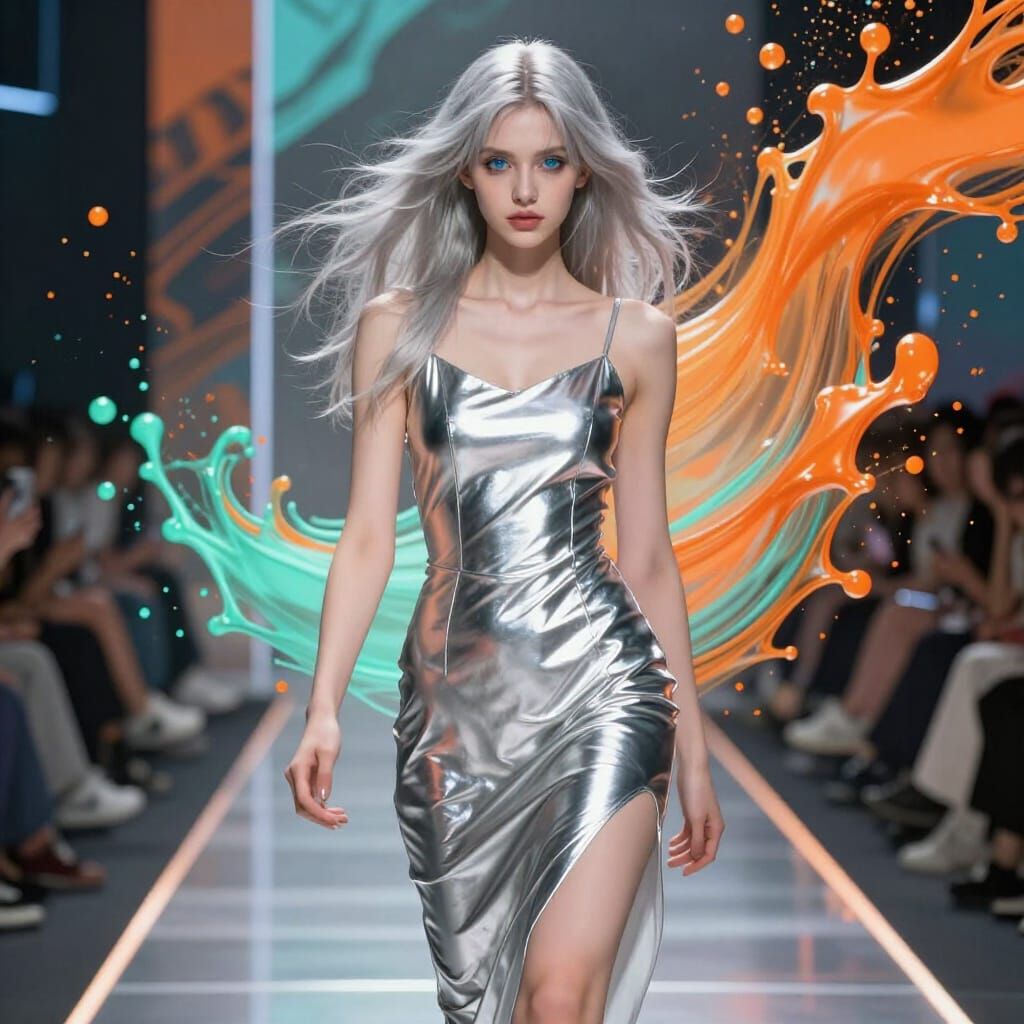 Silver Haired Woman in Futuristic Metal Dress on Runway
