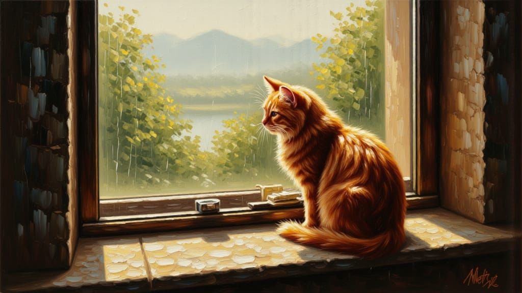 Fluffy Tabby Cat in Impasto Oil Painting Style