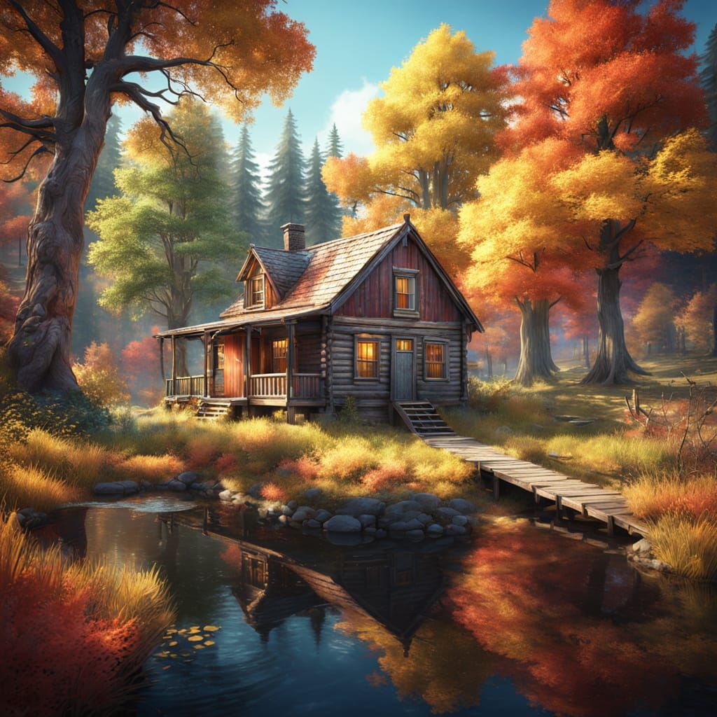 Photorealistic Fall Cabin Landscape with Pond