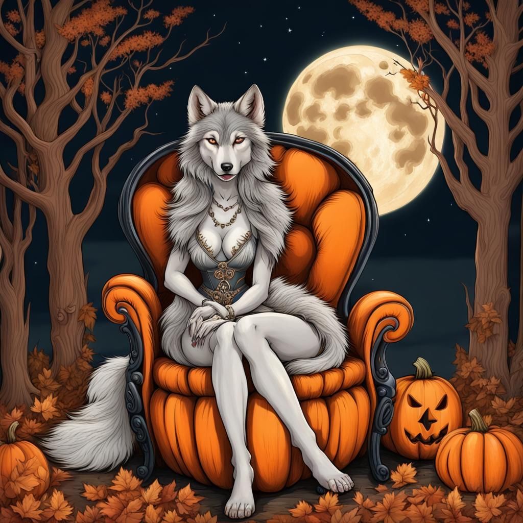 Furry Wolf Lady Under Full Moon