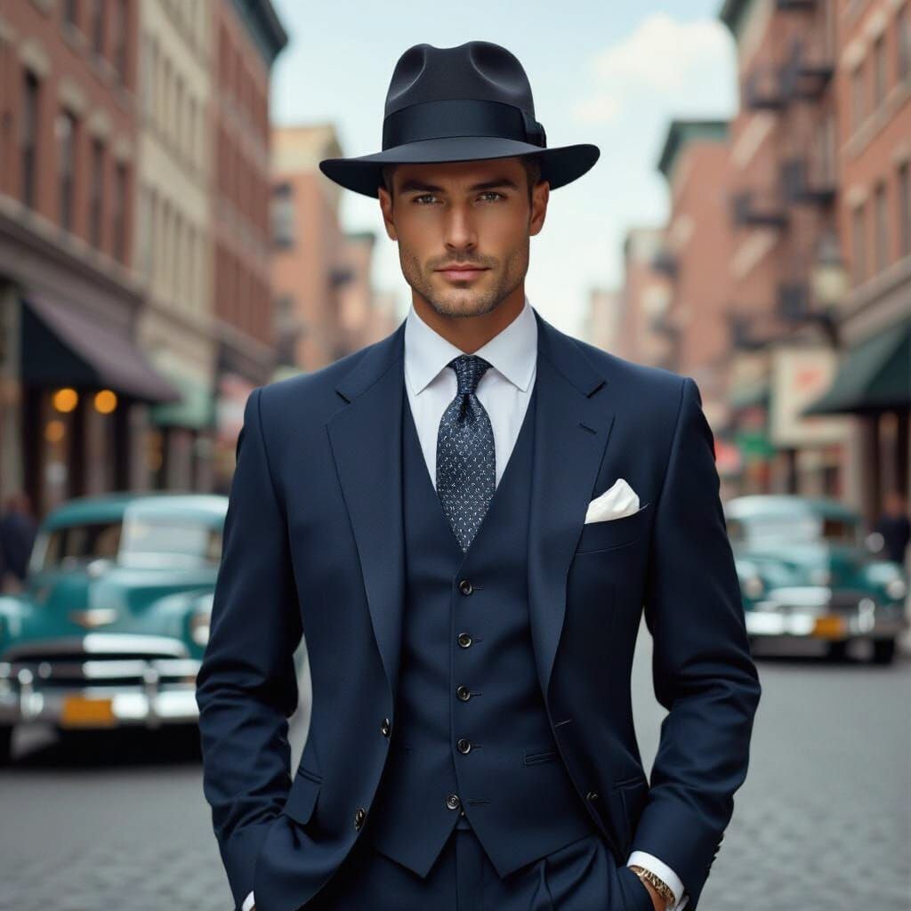 Debonair Gentleman in 1950s Cityscape