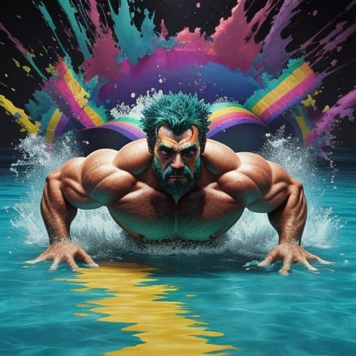 A gorgeous beefcake swimming in a sea of rainbow paint drips.