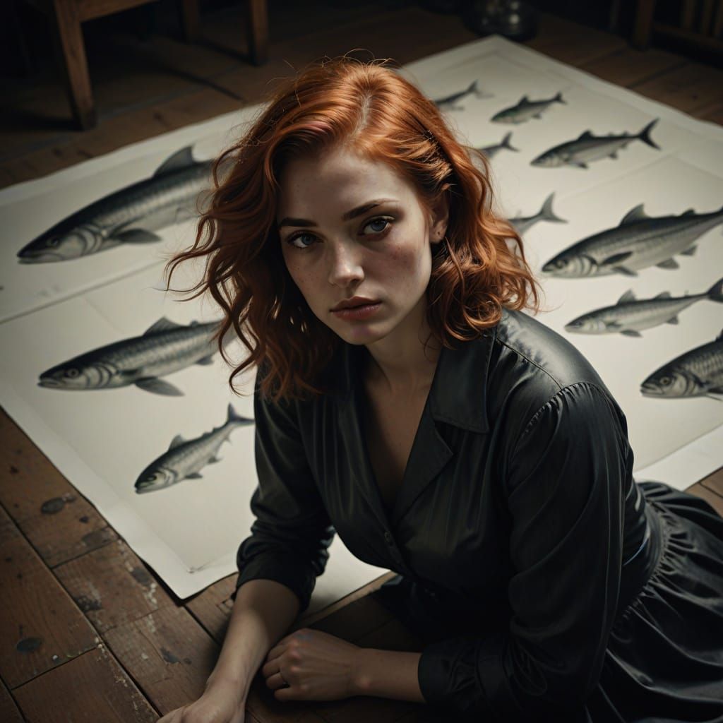 Redhead Pinup Artist Draws Boat in Candlelit Chamber
