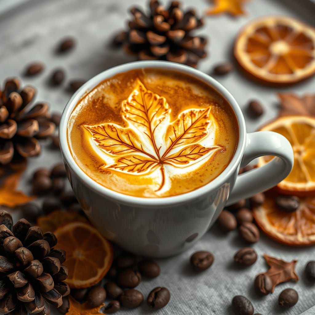 Steaming Coffee Cup with Autumn Maple Leaf Latte Art