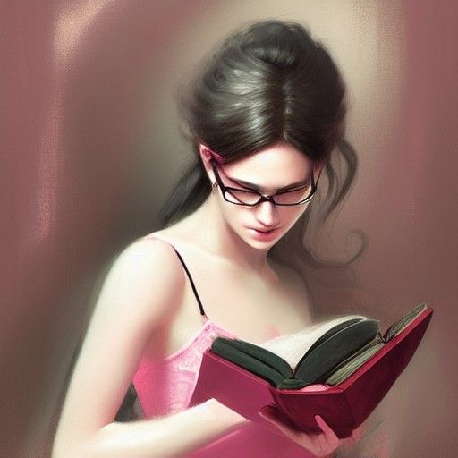 Elegant Girl Reading Books with Sinister Undertones