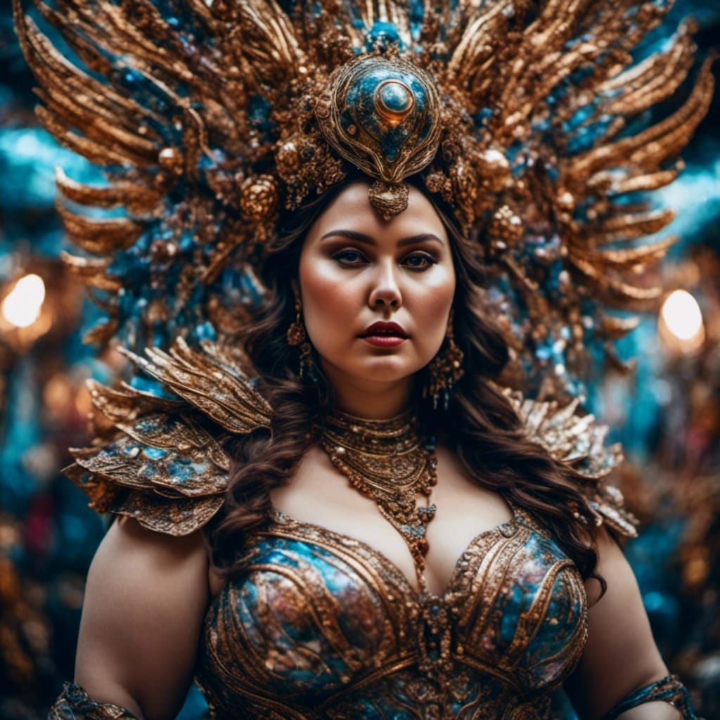 Curvy Woman in Futuristic Aztec Carnival Outfit
