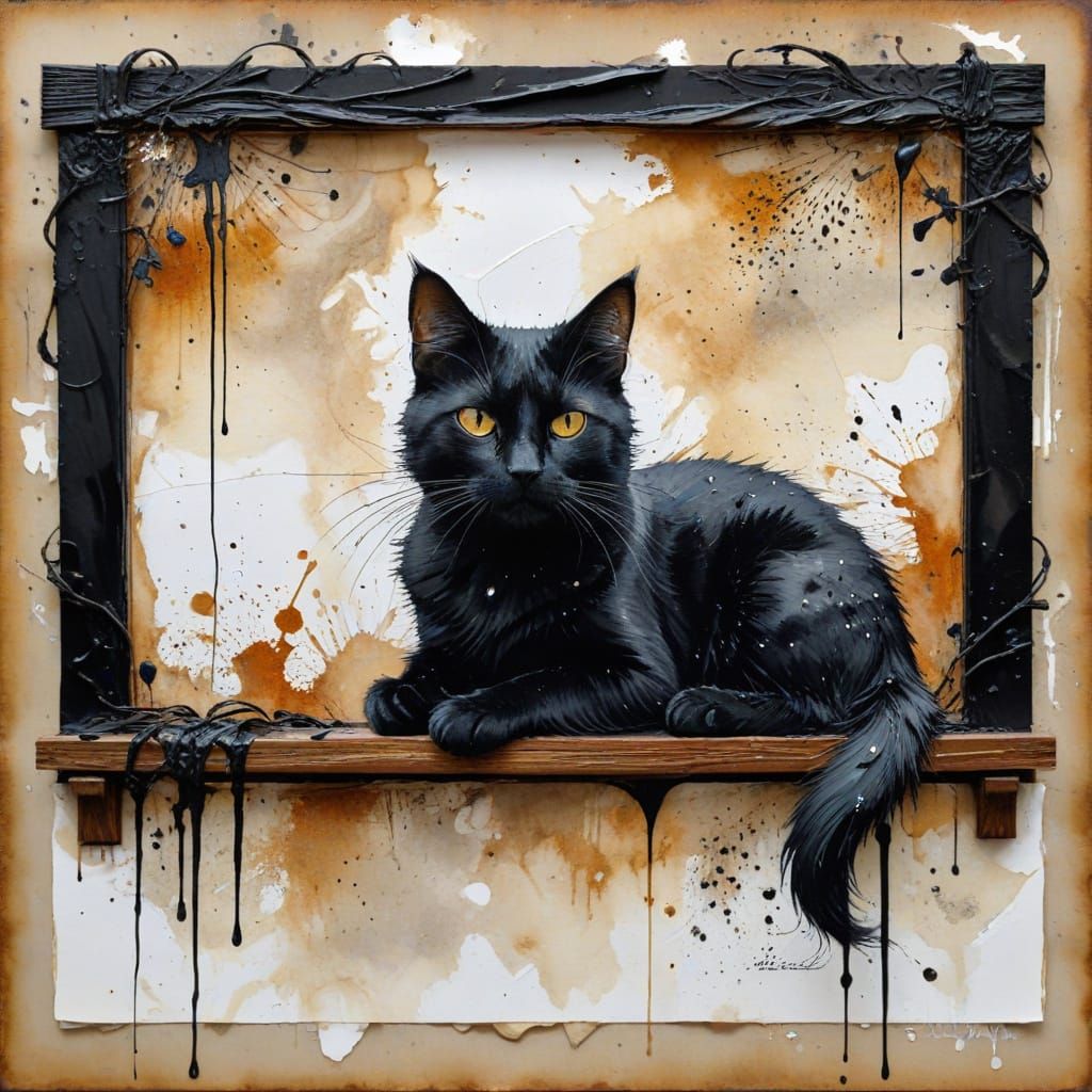 Black Cat on Tiled Roof in Dripping Ink Style