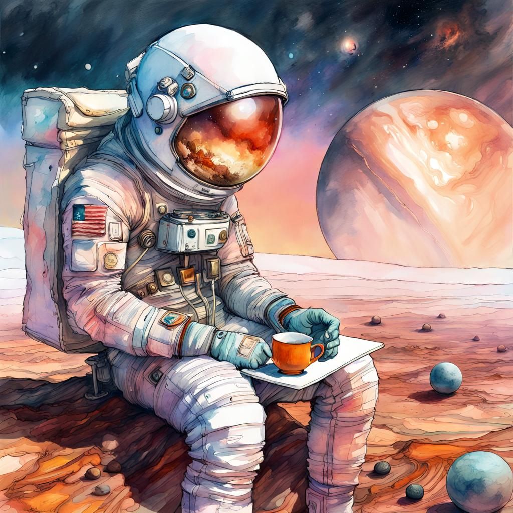 Astronaut's Tea Break on Pluto: Watercolor Art