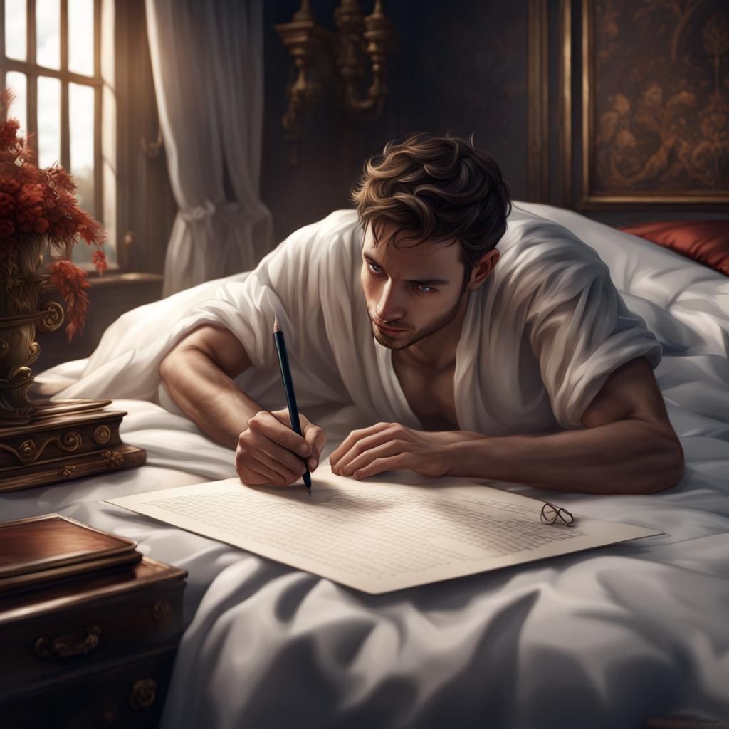 Fantasy Art: Young Man Writing Letter in Bed