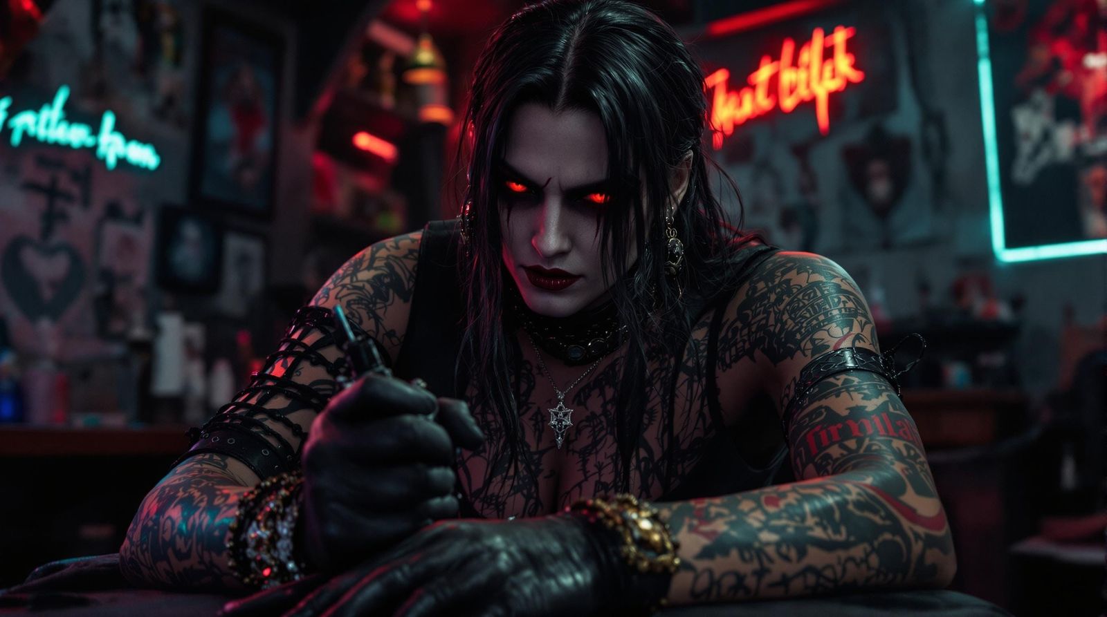 Edgy Gothic Goddess in Tattoo Parlor