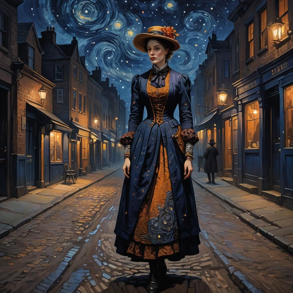 Victorian Woman Under Swirling Starry Night as Oil Painting