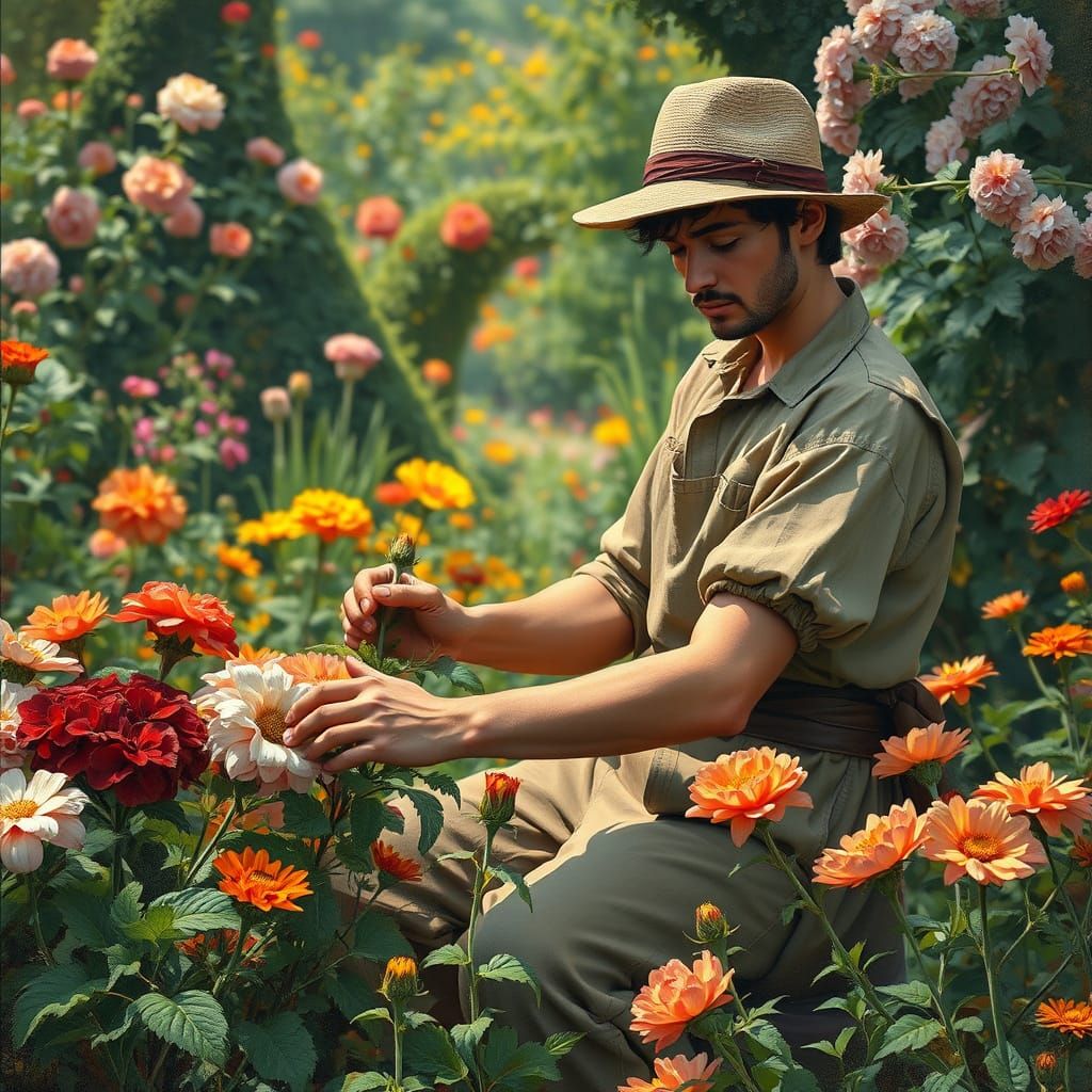 Gardener Pruning Flowers as Gouache Impressionist Art