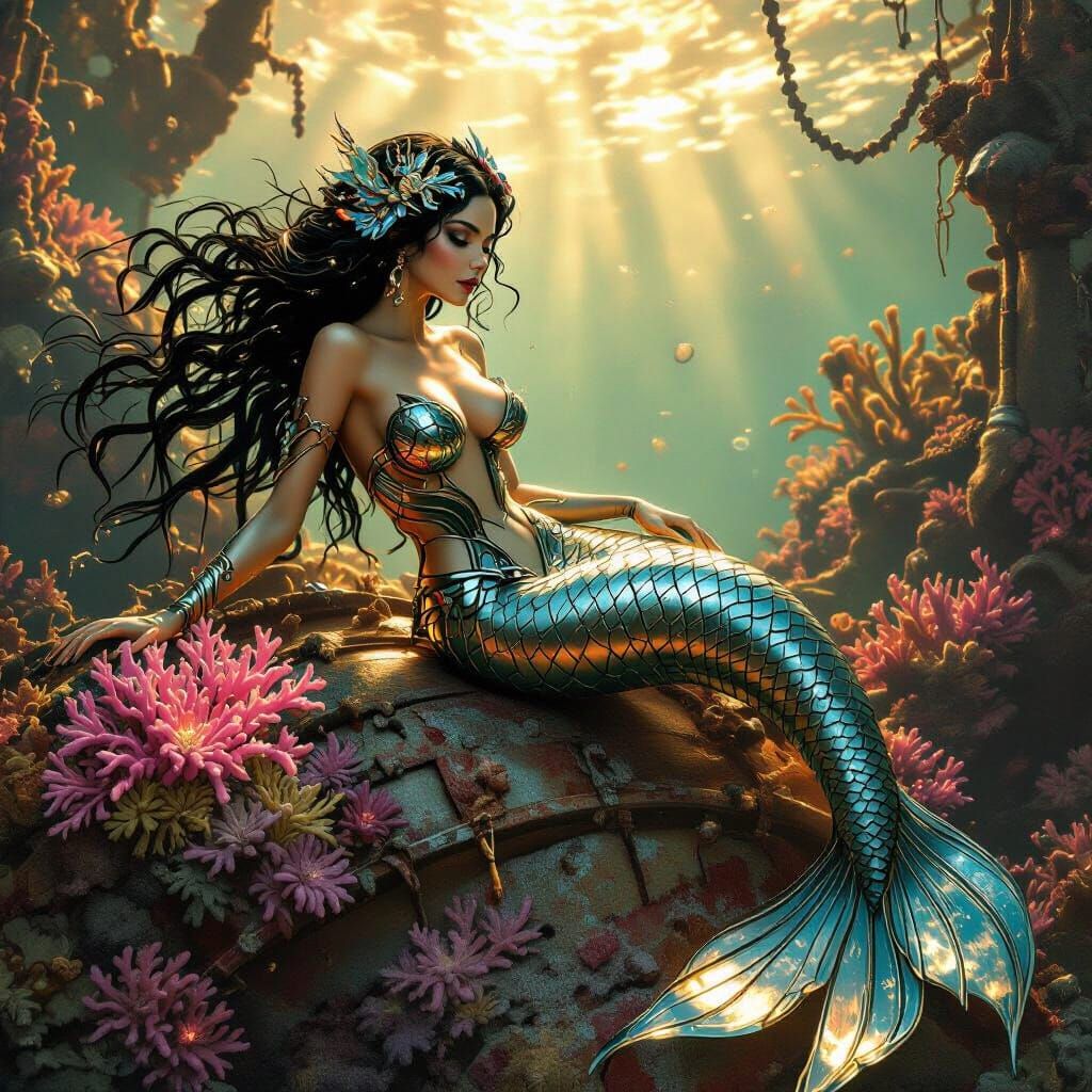 Biomechanical Mermaid Lounging on Metal Reef