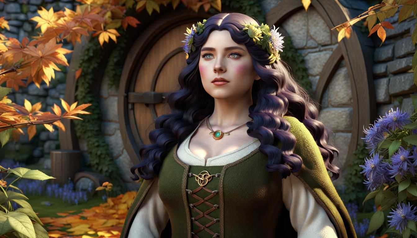 Hobbit Woman Surrounded by Autumn Flowers