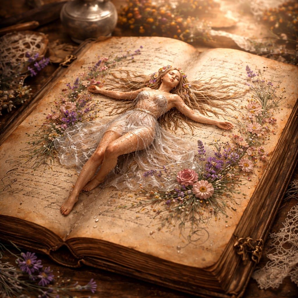 Antique Book Reveals Ethereal Lady Amidst Floral Dreams