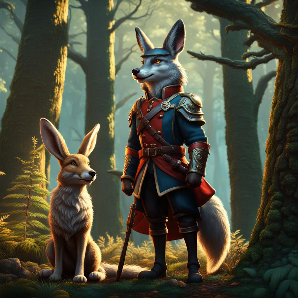 happy wolf-general looks at discipline hare-soldier. Folk ta...