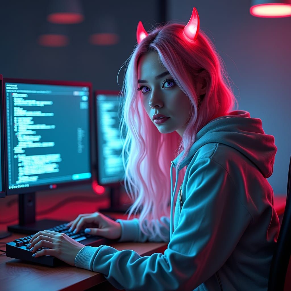 Cyberpunk Coder Girl with Pink Hair and Horns