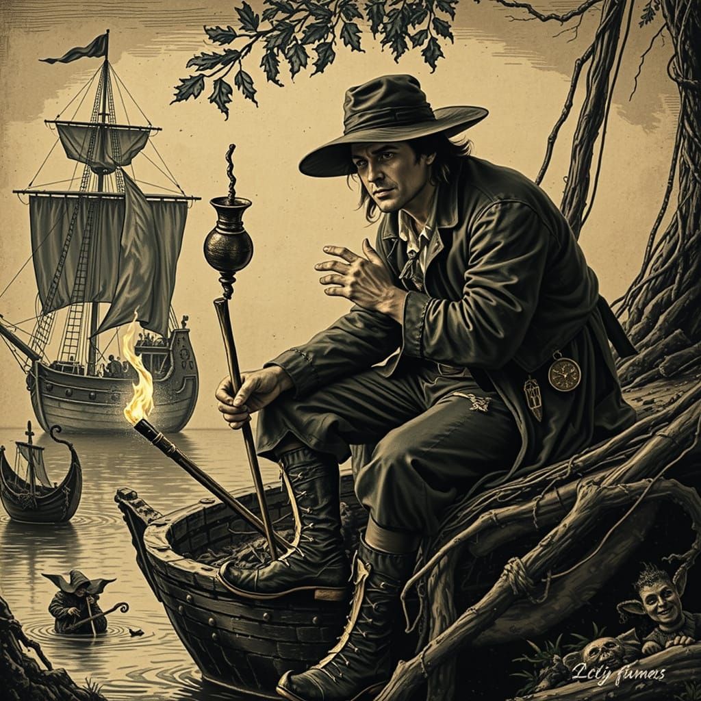 Detailed Etching of a Man and Witch