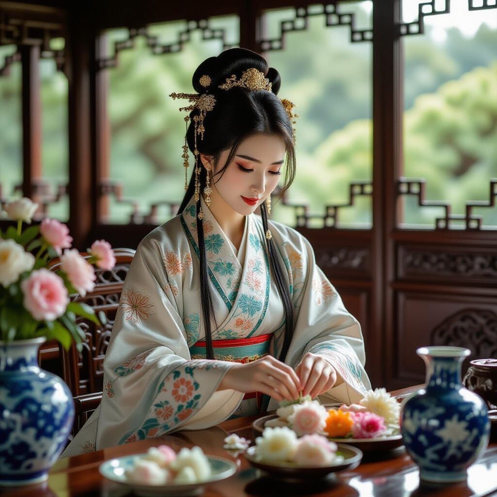 Elegant Ming Dynasty Noblewoman Arranging Flowers