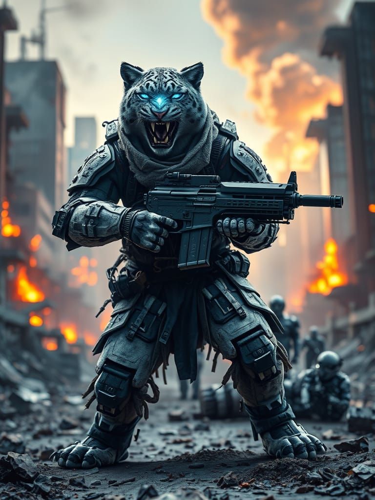 Cybernetic Snow Leopard Warrior Stands Ready in Desolate Was...