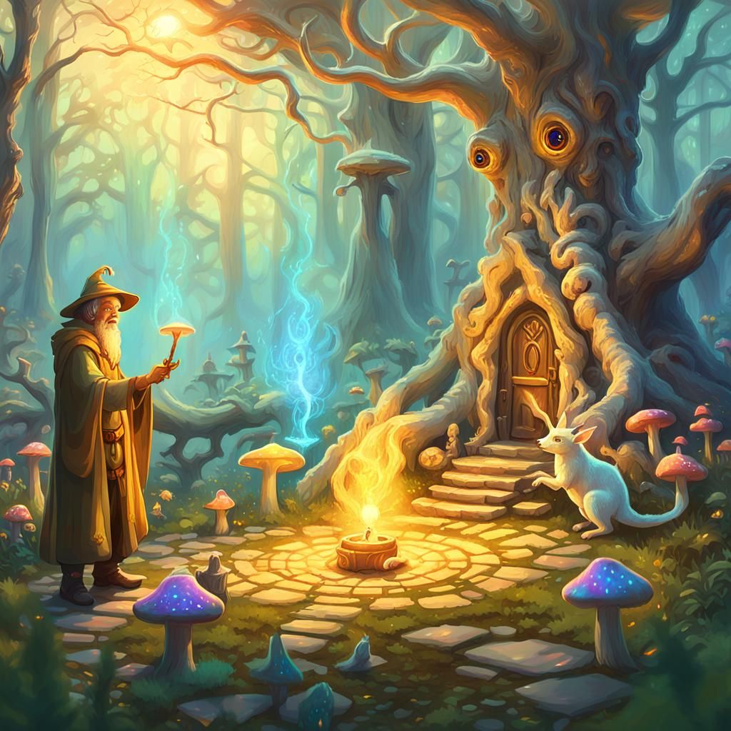 Druid Mage Training Magic in Forest Home