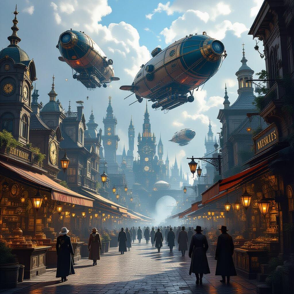 Steampunk Marketplace with Automatons and Airships