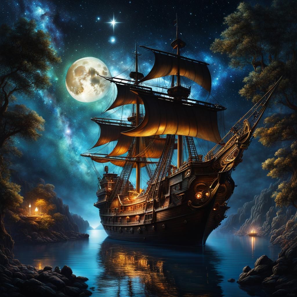 Pirate Ship in Cosmic Bay Photorealism