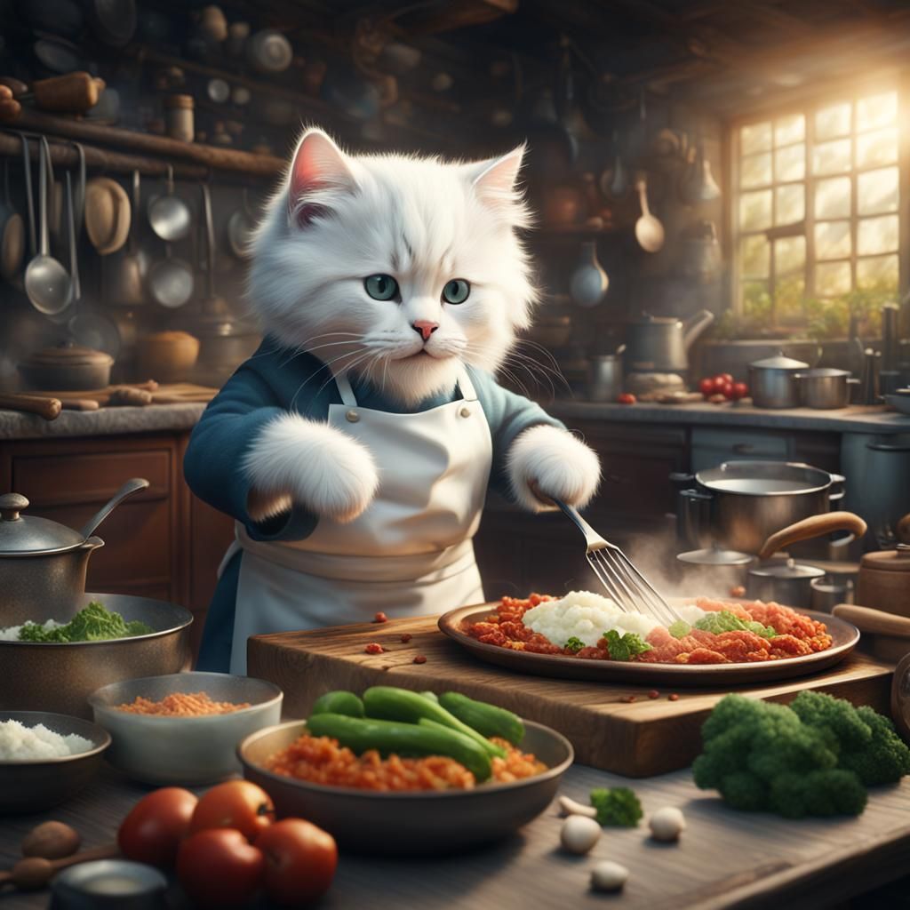 Fluffy Kitty Chef Cooking Supper: Digital Matte Painting