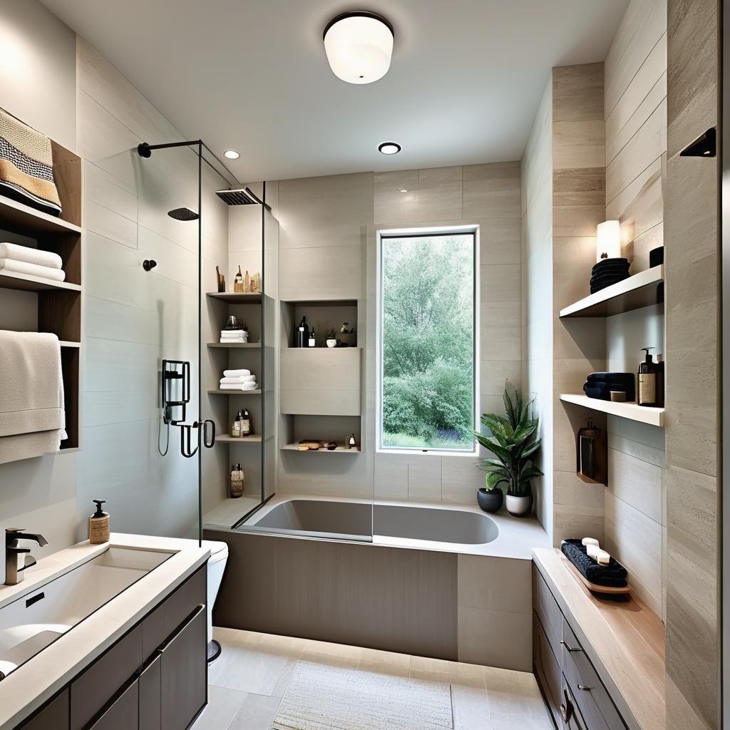 Ecru Bathtub in Galley Bathroom with Window