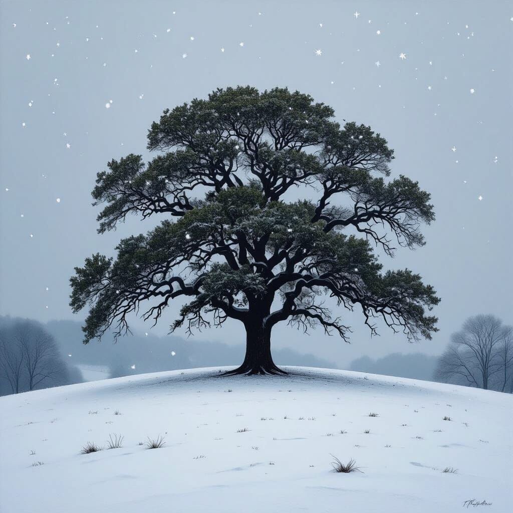 Majestic Oak Tree in Snowstorm Oil Painting