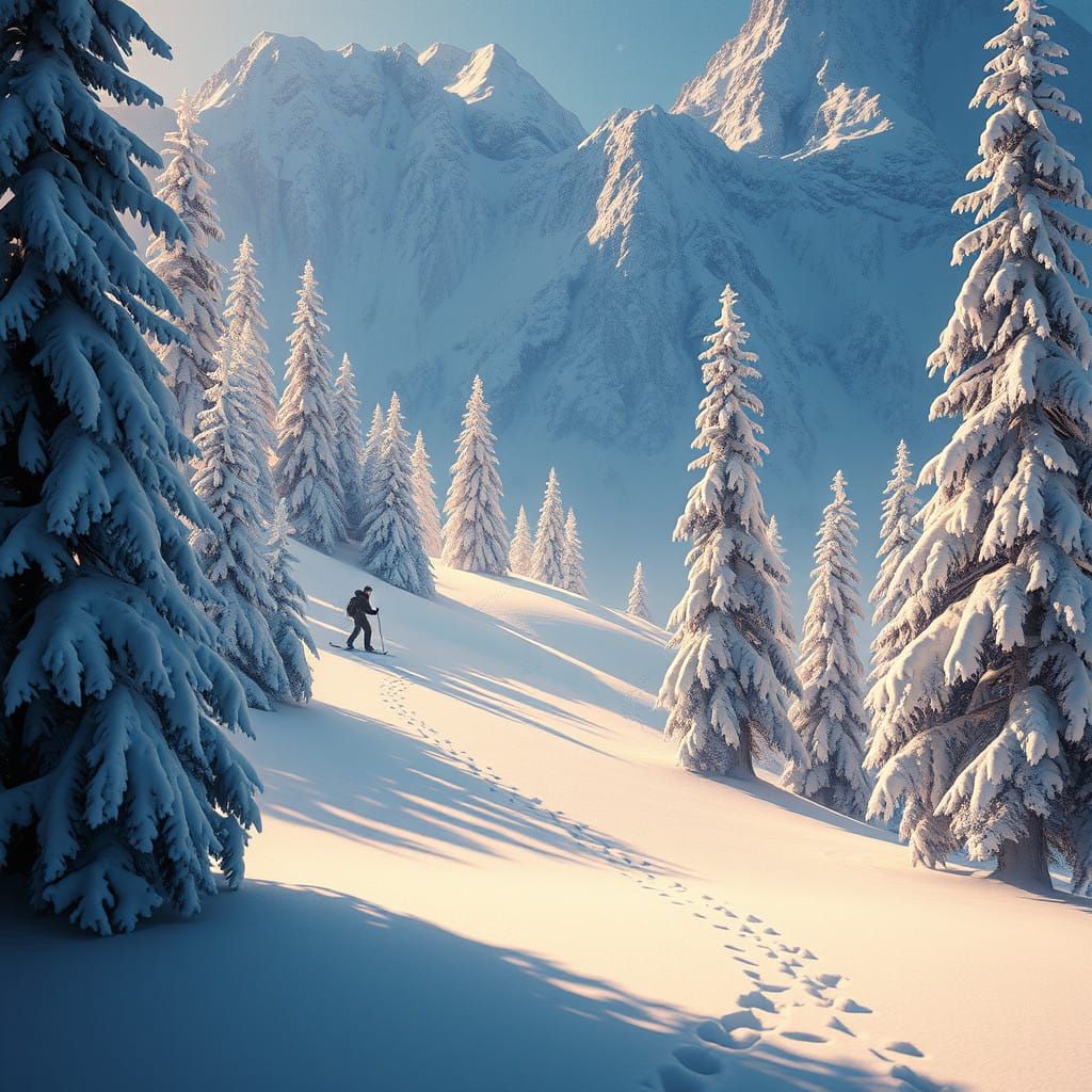 Winter Skier Ascends Snow-Capped Mountain Amid Frosty Fir Tr...