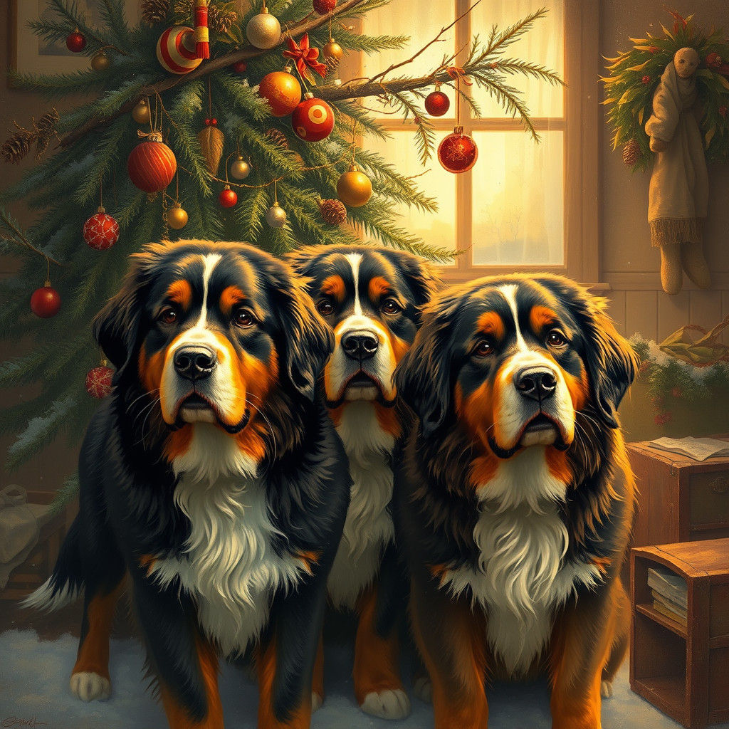 Bernese Mountain Dogs and Fallen Christmas Tree