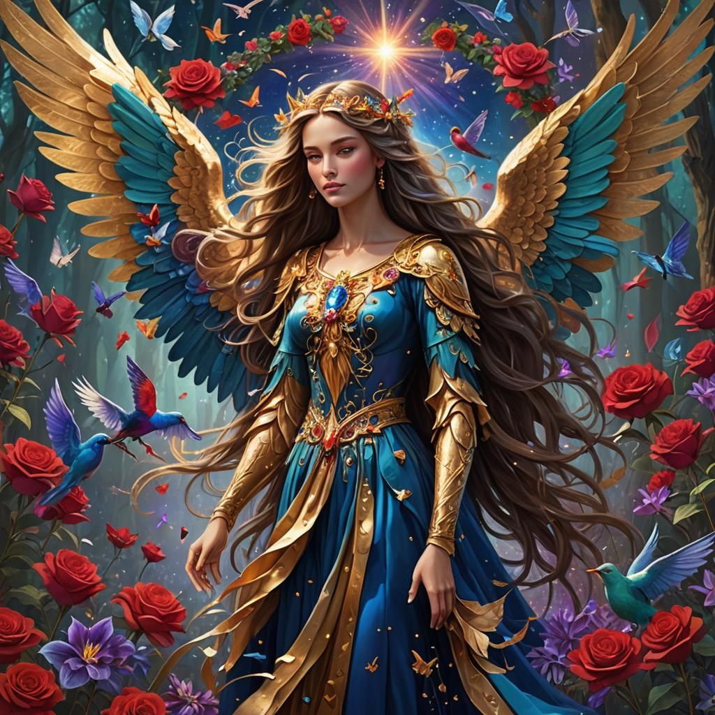 Radiant Angel with Golden Wings in Fantasy Forest