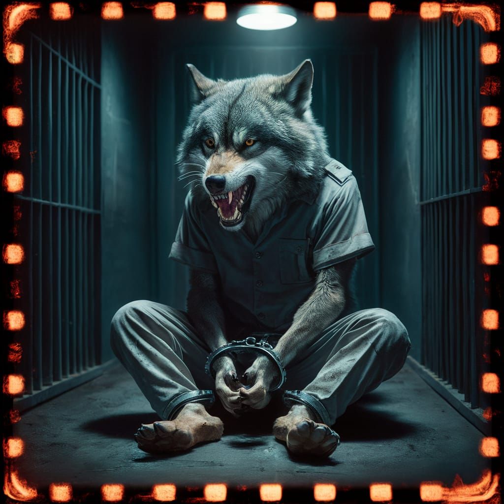 Dramatic Film Still of Captured Wolf in Jail