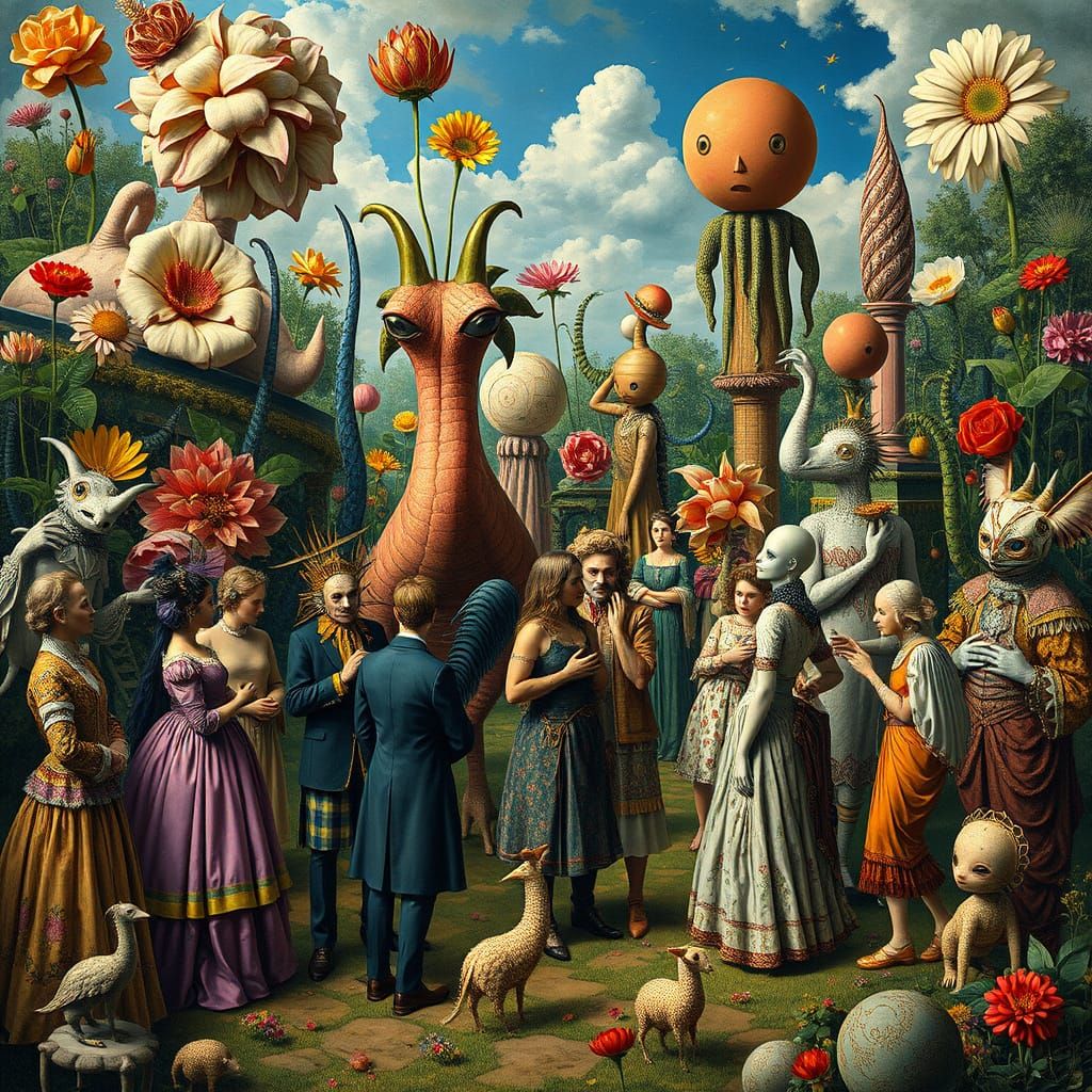Surreal Garden Party with Masks and Flowers