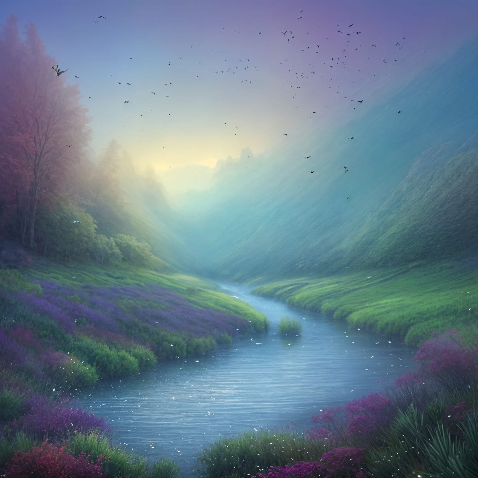 Water Bird Soars Across Enchanted Valley in Ethereal Fantasy