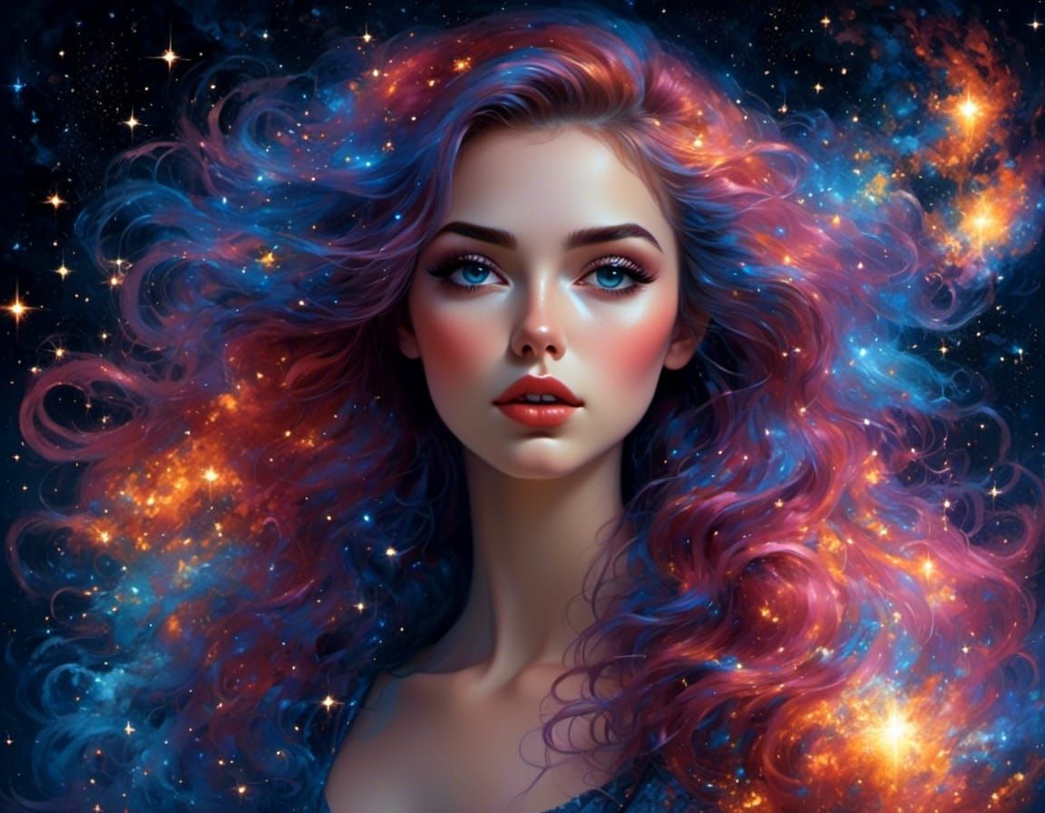 Cosmic Star-Hair Portrait of a Beautiful Woman
