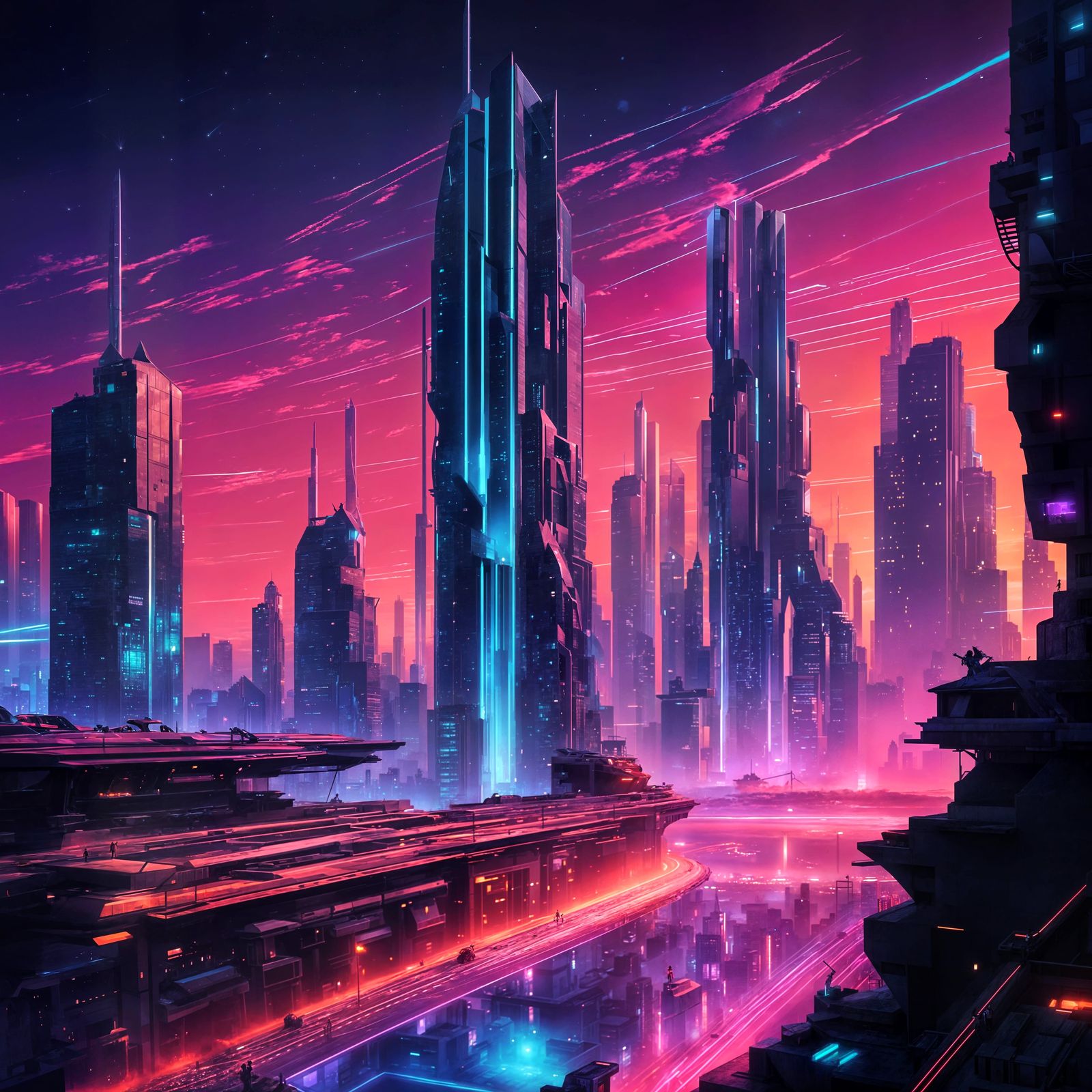 Neon Figure Overlooks Futuristic Cityscape